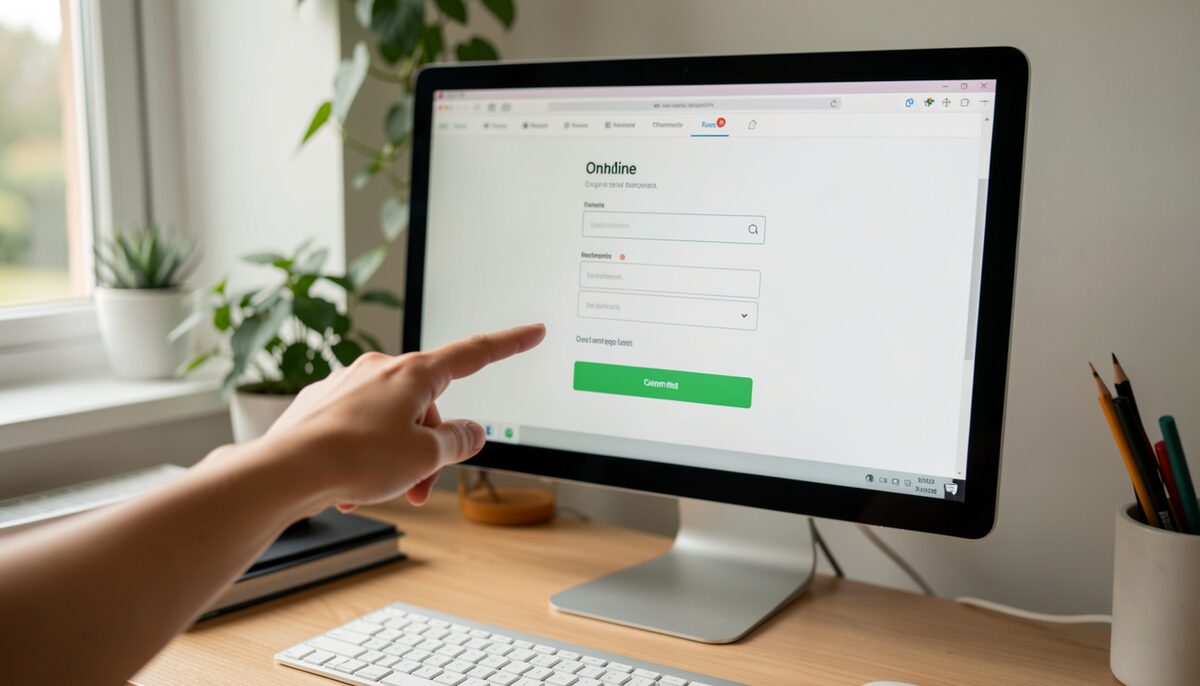Une main pointe un écran d'ordinateur affichant un formulaire en ligne générique. Image illustrative, générée par IA.