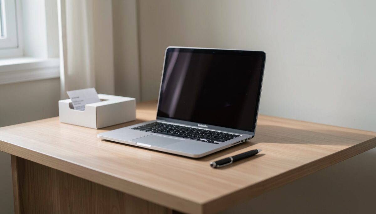 Bureau avec ordinateur et boîte de reçus. Image illustrative, générée avec IA.