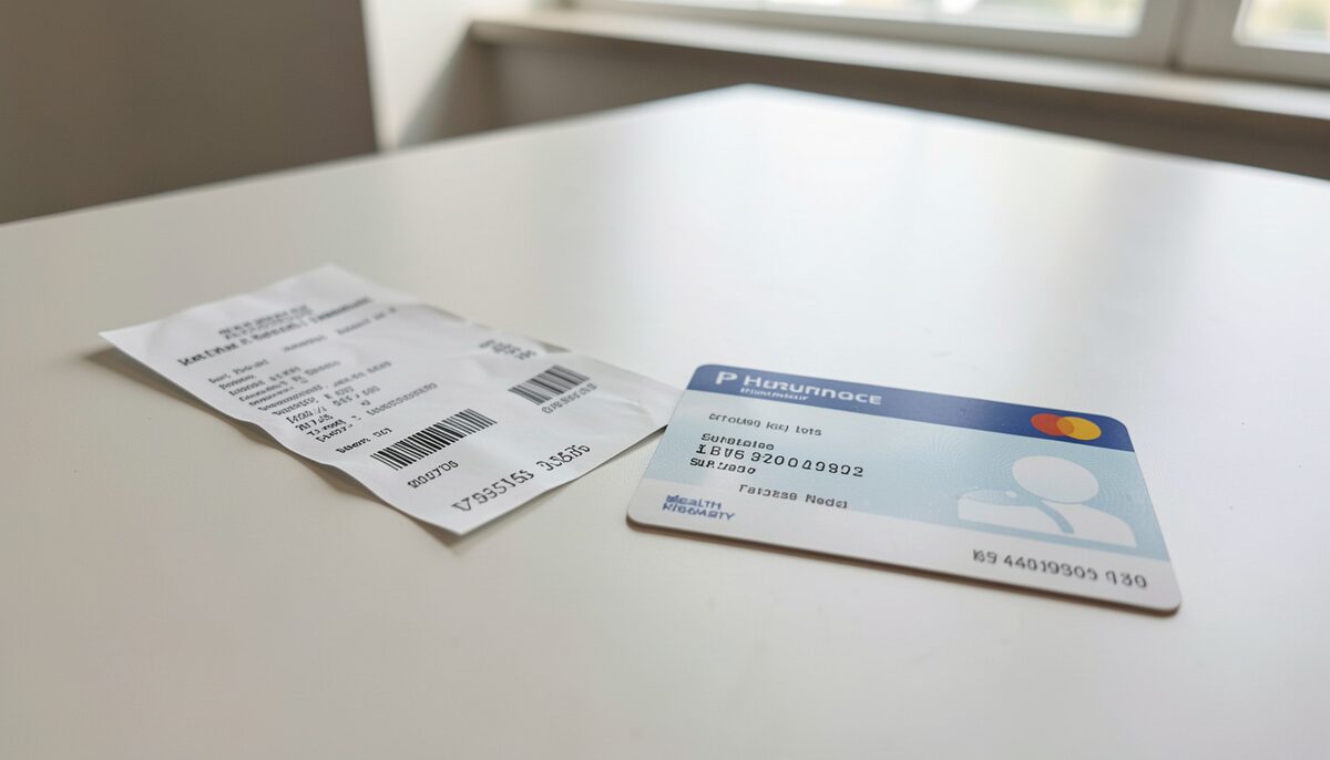 Un reçu de pharmacie et une carte de complémentaire santé sur une table claire, sans texte lisible. Image illustrative, générée avec IA.