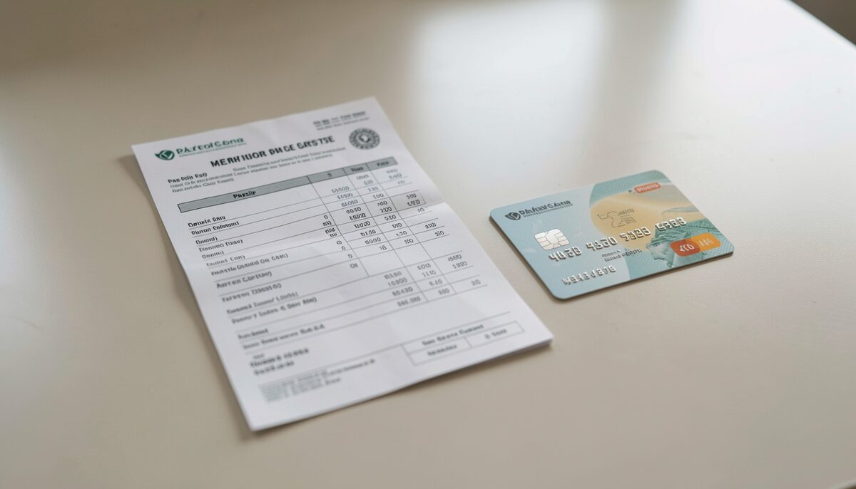 Un bulletin de paie et une carte bancaire posés sur un bureau neutre, sans détails lisibles. Image illustrative, générée par IA.
